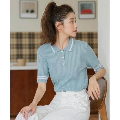 Small fresh ice silk sweater women summer 2021 new slim polo collar thin short-sleeved top