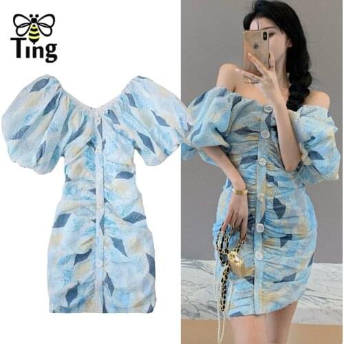 Tingfly Women Sexy Curve Hot Fitness Floral Print Bodycon Mini Short Dress Party Dresses Puff Sleeve Sheath Zevity Robes Elbise