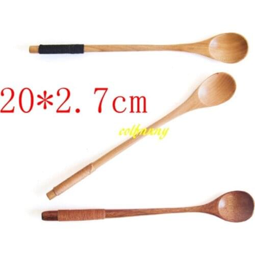100pcs/lot 20*2.7cm Long hanlde Wooden Honey Spoon Tea Mixing Round Spoon Sugar Coffee Stirrer Natural Wood Spoon