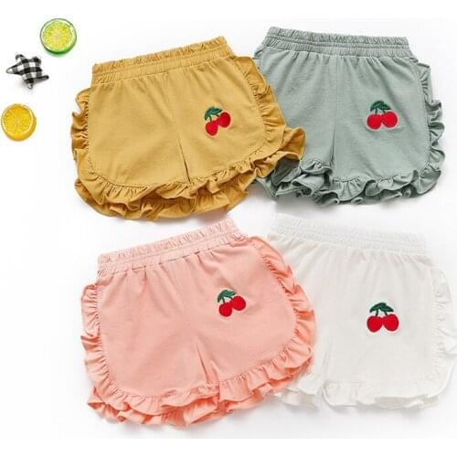 2020 Summer Baby Girls Shorts Cotton Cherry Embroidery Short Fungus Flower Wrinkle Edge Infant Ruffle Pant Toddler Girl Clothes