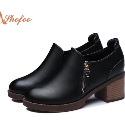 2021 Autumn Fashion Black Genuine Leather Chunky Heels Round Toe Dress Office Career Zip Square Heel Shoes Chaussure Shofoo