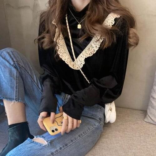 Blouse Women Womens Lace Turtleneck Shirt Autumn Winter Retro Shirt Pleuche Top Blusas Ropa De Mujer