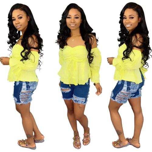 HSF2038 jeans shorts fashion front and rear ripped high waist stretch new hot sale denim shorts