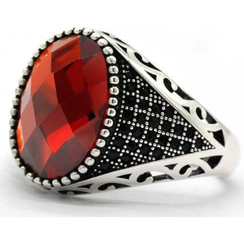 Red CZ Ring for Men Women Real 925 Sterling Silver with Black Cubic Zircon Vintage Gift Lady Male Turkish Jewelry Gift Size 5-12