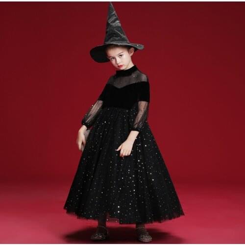Halloween Costumes For Girls Long Sleeves Black Girl Evening Party Dress Elegant Ball Gowns Birthday Ceremony Girl Dress