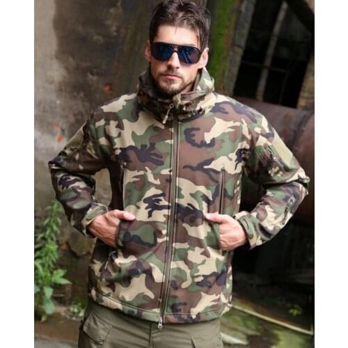Shark Skin Soft Shell Jacket With Hood Outdoor Casual Military Camouflage Army Clothes Tactical Wind Coat Winter Hiking Camping