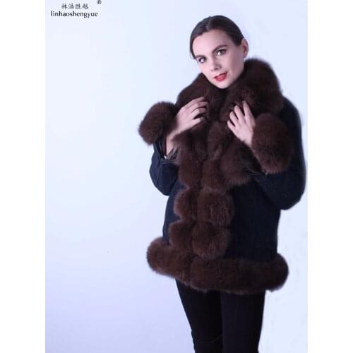 Linhaoshengyue women Jeans wear coat Real Rex rabbit fur linink fox fur collar fox fur Cuff linink cuff can remove