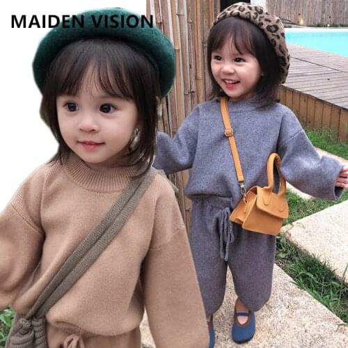 Autumn and winter girls'Wool knitted suit clothes trousers warm Suit spring Girls' baby knitted sweater top + pants 2-piece set