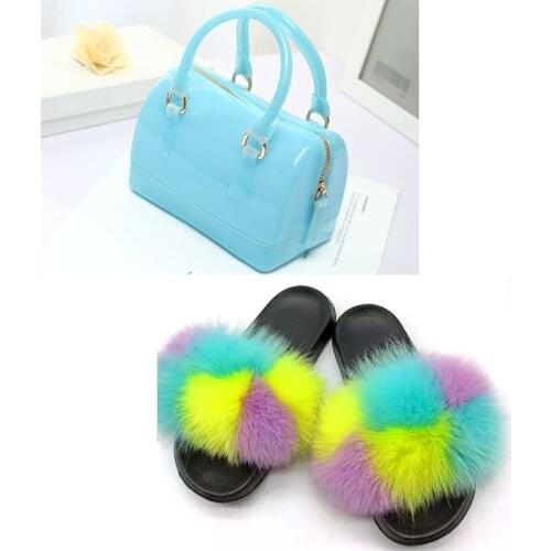 Summer Causual Women Fur Slides Jelly Bag Set Holiday Candy Color Bag Beach Flip Flops Ladies Fluffy Fur Slippers Match Set Hot