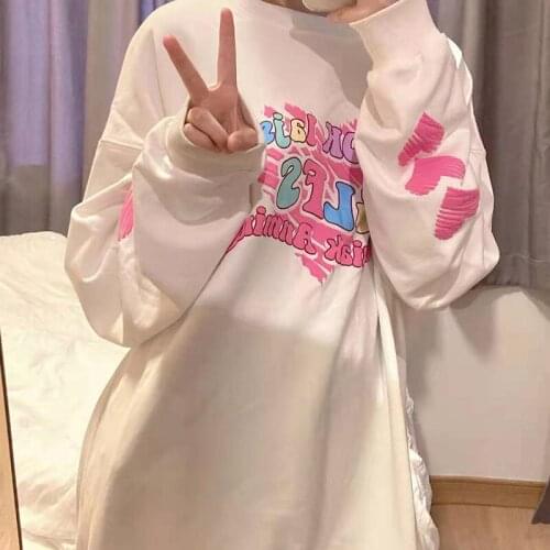 QWEEK Harajuku Y2k Letter Heart Hoodie Women 2021 Harajuku Streetwear White Long Sleeve Crewneck Sweatshirt Korean Kpop Alt Tops