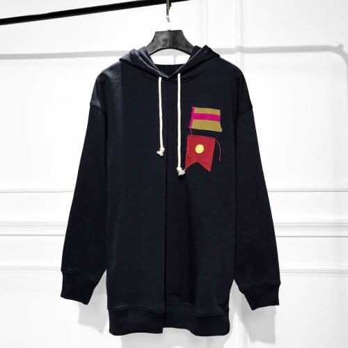 Women and Men Hoodies Canvas Flag Patch Loose Pullover Top Unisex Long Sleeve Hooded Sweatshirts