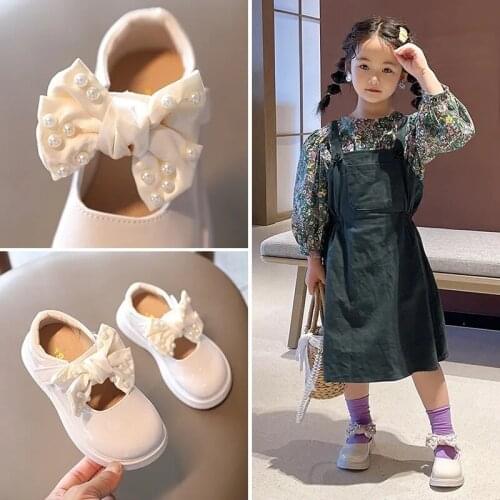 2021 New Fashion Girls Princess Bow Shoes Kids Pearls Party Shoes Autumn Elegant Patent Leather Flats Children Fall Casual Shoes