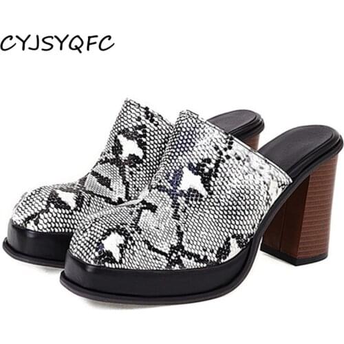 CYJSYQFC Fashion Snake Print Leather Women Slippers Sexy Modern Outdoor Block High Heels Slides Party Nightclub Ladies Mules