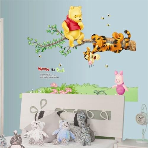 Winnie The Pooh On Tree Wall Stickers For Kids Bedroom Decoration Cartoon Animals Wall Mural Art Diy Home Decals Poster