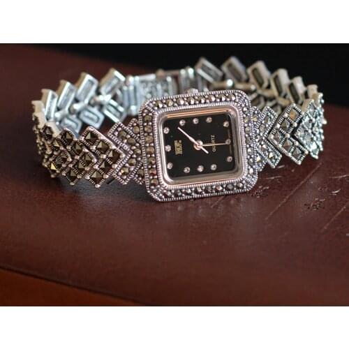 Top Quality Women Real Silver Quartz Watch S925 Silver Bracelet Square Watch Pure Silver Bracelet Watches Real Silver Bangle