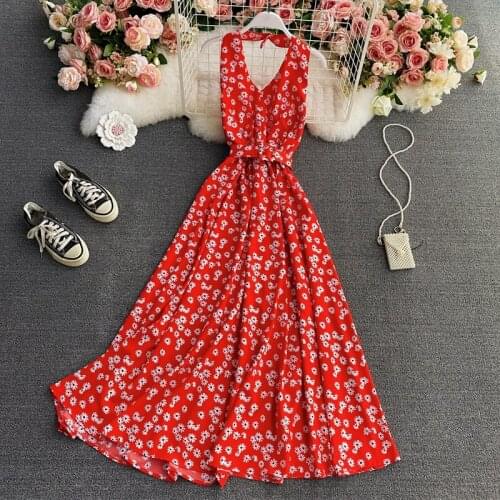 2021 Women Summer Bohemian Long Dress Sexy V-neck Backless Ruffle Floral Print Dress Elegant Sleeveless Beach Vestidos