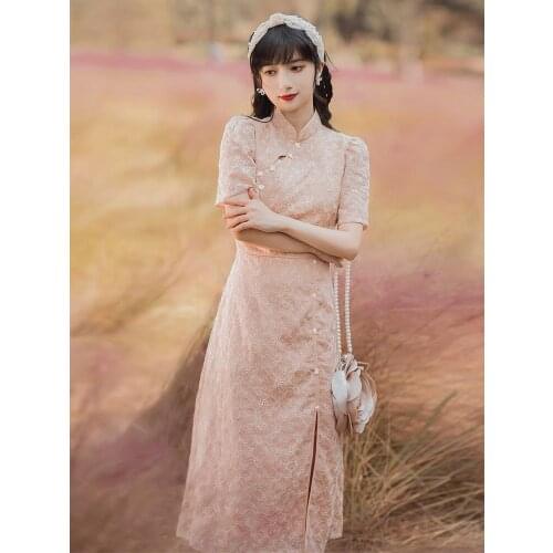 Pink Young Elegant Cheongsam Improved Fairy Dress Women Summer 2021 New Retro Embroidery Split Midi Slim Qipao Dress