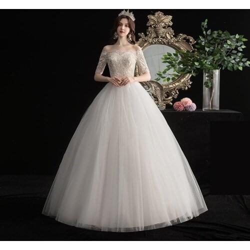 Vestido De Noiva 2020 Elegant Boat Neck Wedding Dresses Half Sleeve Lace Up Ball Gown Backless Floor-length Wedding Dress