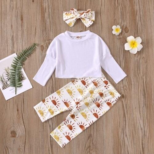 Baby Girls´ 3Pcs Romper Suit Solid Long Sleeve Simple T-shirt Top with Printed Long Pants and Printed Hair Band