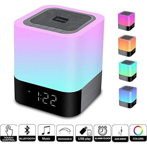 Wireless Bluetooth Speaker with Touch Control Bedside Lamp Alarm Clock MP3 Portable Smart LED Touch Sensor Table Lamp Dimmable