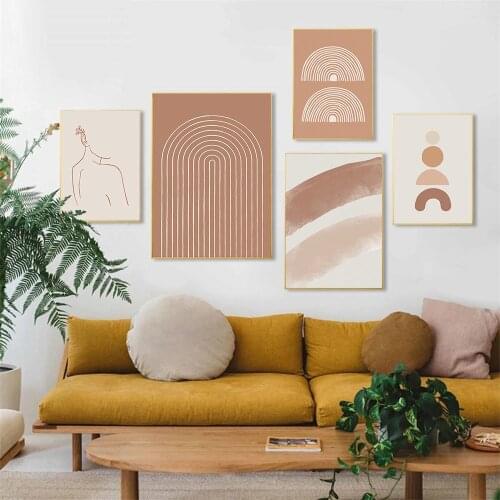 Bohemian abstract rainbow line poster modern medieval canvas painting terracotta geometric wall art print picture decoration