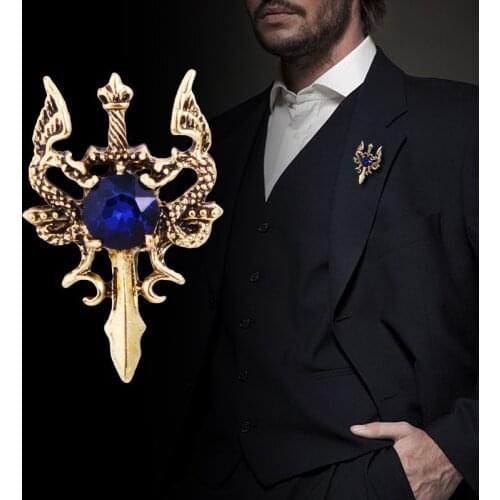 New Vintage Metal Dragon Sword Brooch Pin Animal Rhinestone Lapel Pins Mens Suit Shirt Badge Corsage Jewelry Accessories