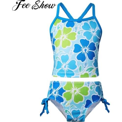 Kids Girls Summer Swimwear Tankini Outfit Floral Print Swimming Bathing Suit Tops with Tie Side Bottoms Set Children Beachwear