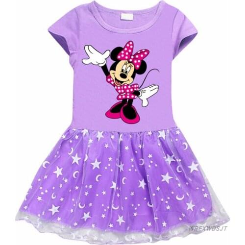 Disney Mickey Summer Girl Kid T Shirt Colour Gauze Pleated Princess Patchwork Dress Cute Cartoon Printed bluey Baby Child Clothe