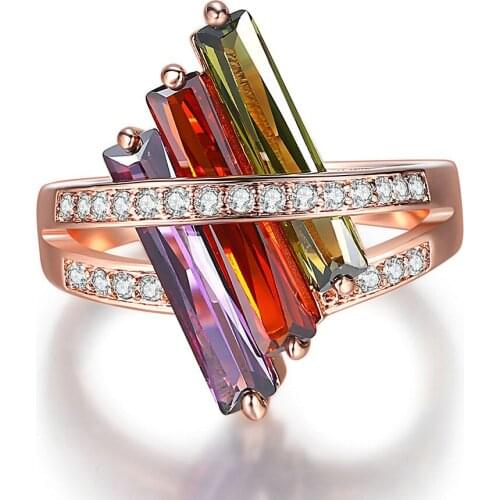 Fashion unique multicolor crystal zircon diamonds gemstones rings for women rose gold tone bague jewelry accessory sizes5-10