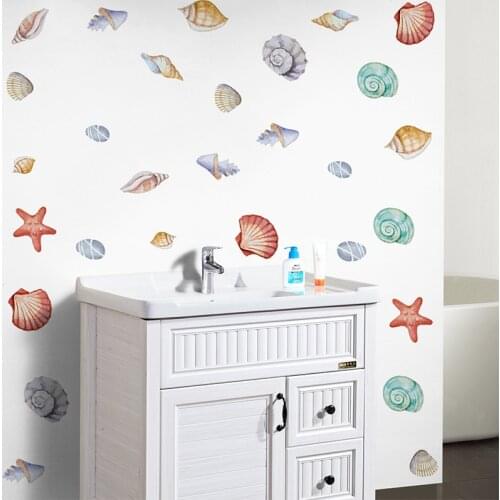 Colorful Cartoon Shell Starfish Wall Sticker Childrens Bathroom Tile Wallpaper Kids Room Decor Removable PVC Wall Mural