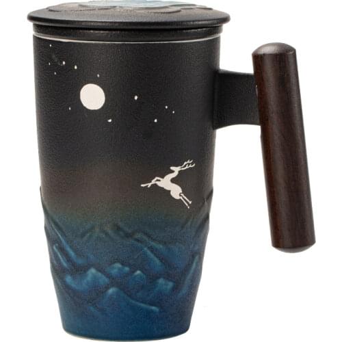 Filter Ceramic Mug Retro Tea Cup Office Mugs with Lid Blue Large Coffee Cup Water Eco Friendly Canecas Black Birthday Gift Box