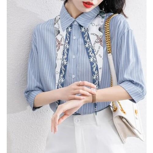 Summer chiffon shirt womens spring autumn clothing 2021 new trendy short-sleeved shirt mid-sleeve striped shirt