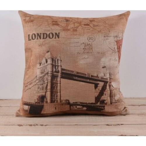LINKWELL Pillow Case Burlap Cushion Cover 45x45cm Retro Map UK London Tower Bridge United Kingdom with Red Stamp Journey Travel