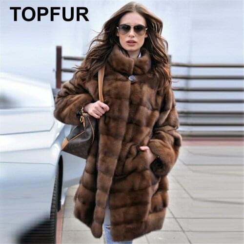 TOPFUR Fashion Brown Coat Women Winter Real Fur Coat Women Natural Mink Fur Coat Women Full Sleeves Mandarin Collar Medium