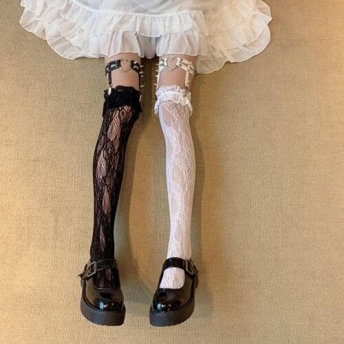 New Gothic Black Rivet Leg Ring Over Knee Lace Stockings Streetwear Girls Punk Thin Leg Ring Clip Buckle Fashion JK Long Socks