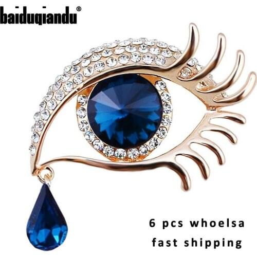 Wholesale 6 Pcs/Pack Blue / Black Crystal Rhinestones Eye Brooch Pins in Gold or Silver Color Plated