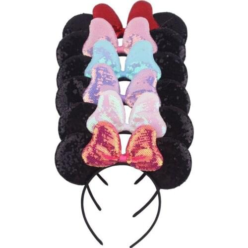 Disney Cute 5'' Sequins Bow Girls Chic Headband Glitter Mouse Ears Hairband Kids Shiny Headwear Trendy DIY Hair Accessories