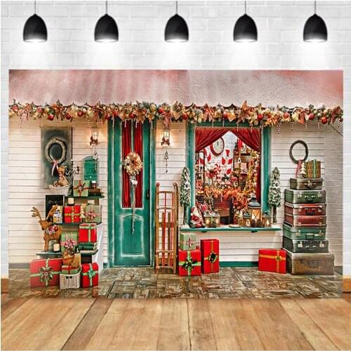 Christmas Store Backdrops Red Gift Decorations Shop Wooden House Photography Backgrounds for Photo Studio photoshoot