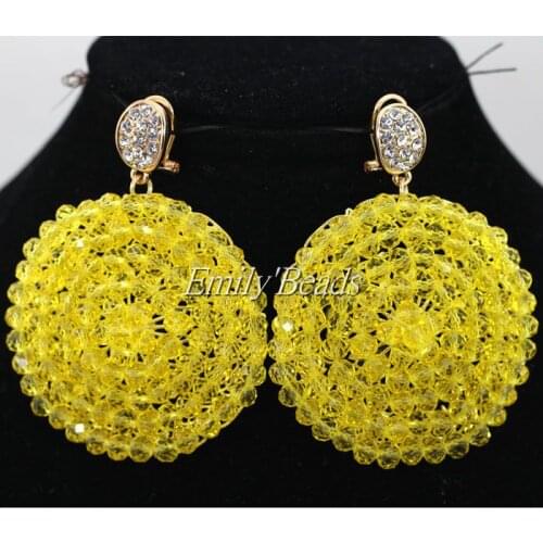 Lemon Yellow Crystal Beaded Earrings 5 Pairs/lot Handmade Round Earrings for Brides Big Earrings Free Shipping AIJ980