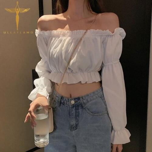 Puff Sleeve Chiffon Women Crop Top Off Shoulder Tshirt Ruffle Folds Clothing Tee-Shirts Sexy Elegant Female Loose T-Shirt Tops