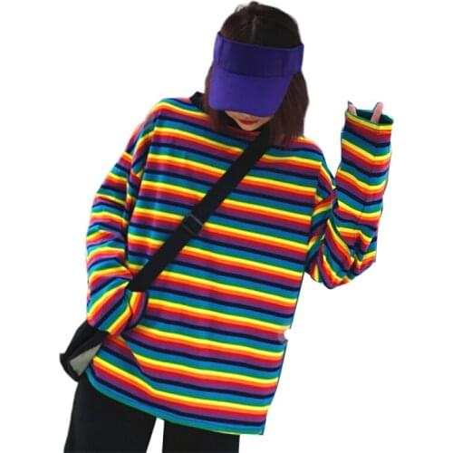 2019 New Women Rainbow Stripe T Shirt Autumn Female Round neck Shirt Long Sleeve Plus Size Tshirts For women Wild T Shirt