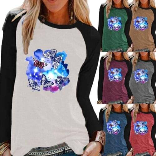 Ladies Autumn Casual Long Sleeve Shirt Fashion Print Round Neck Contrasting Loose T-shirt Pullover Sweatshirt Plus Size T-shirt