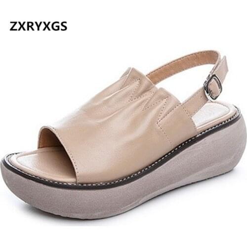2020 New Fashion Top Soft Cowhide Summer Womens Sandals Increase Platform Shoes High-heels Wedge Sandals Summer Leather Sandals