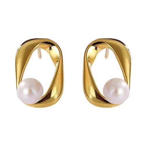 S925 sterling silver gold-plated natural freshwater pearl ear studs personalized fashion geometry pattern womens earrings