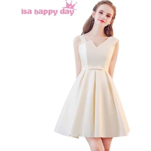 Robe de mariee champagne satin sleeveless v neck short elegant bridesmaid dress formal party ball gown dresses under 50 H4164