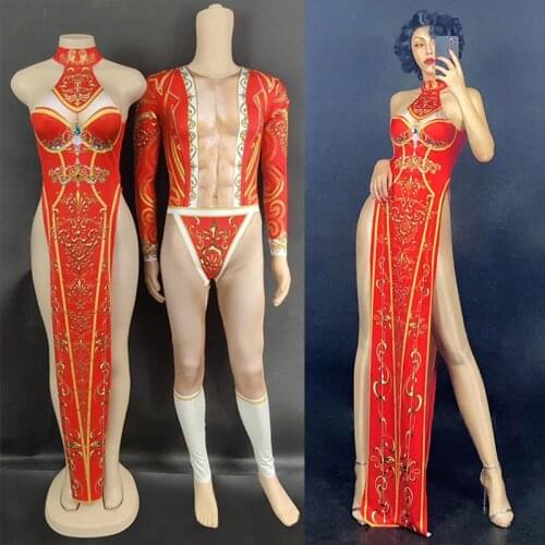 Sexy Birthday Dress For Women Singer Red Cheongsam Dress Men DJ Fake Muscle Bodysuit Acrobatics Stage Festival Clothing vdb2291