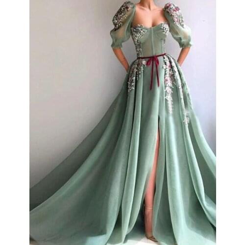 Long Tulle Embroidery Prom Dresses 2021 Flowers Half Sleeves High Split Side Formal Evening Party Dress Robe De Soiree