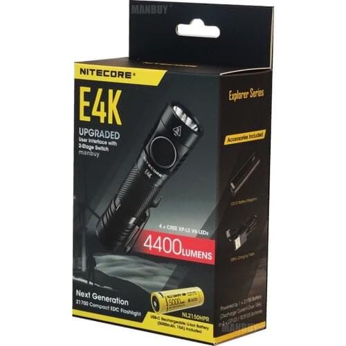 100% Original NITECORE E4K + NL2150HPR 5000mAh 21700 Rechargeable Battery 4400LMs Compact EDC Flashlight CREE XP-L2 V6 LED Torch