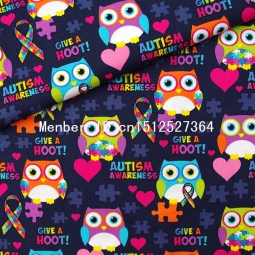 140cmx50cm Cotton fabric - Owls, heart, bow on Deep Blue bakcground (340)