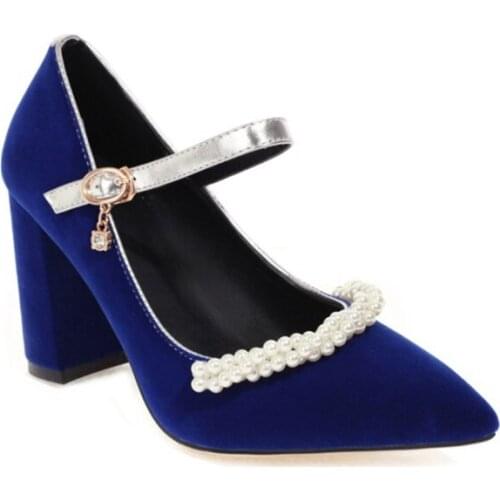 2021 Elegant Women High Heels Flock Platform Spring Autumn Thick Heel Pointed Pumps Wedding Single Shoes Plus Size 32-48 2101